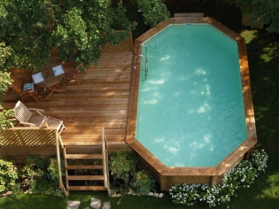 Wooden garden furniture with swimming pool